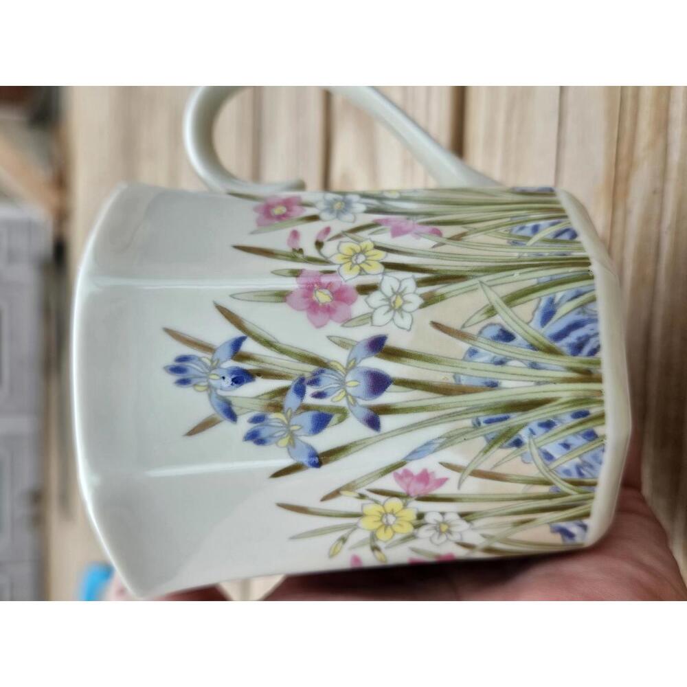 Elegant IRIS San Francisco Octagon Mug – Vintage Floral Art w/ Butterfly Accent